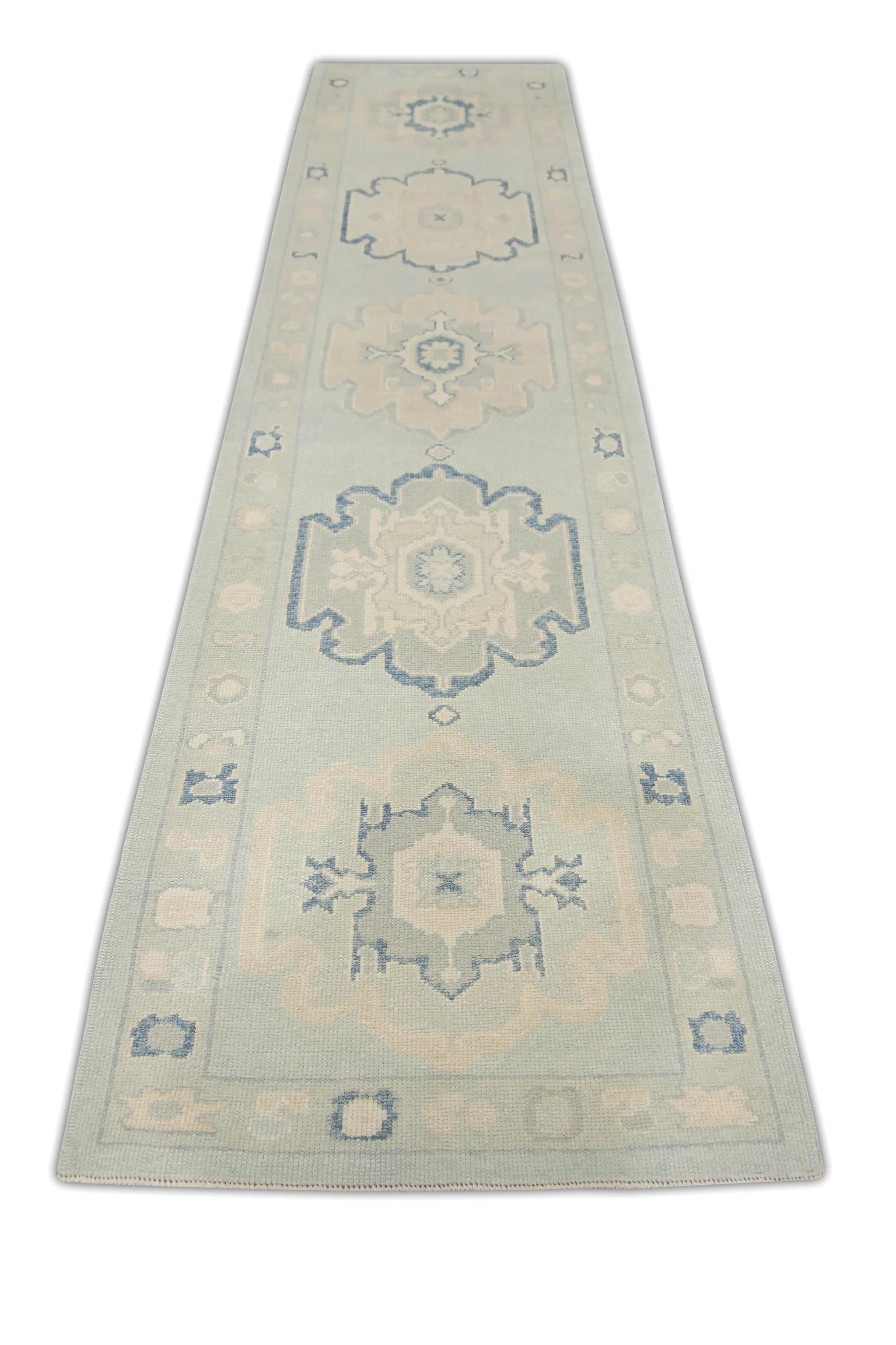 Contemporary Blue and Green Floral Design Handwoven Wool Turkish Oushak Runner 3' X 12' For Sale