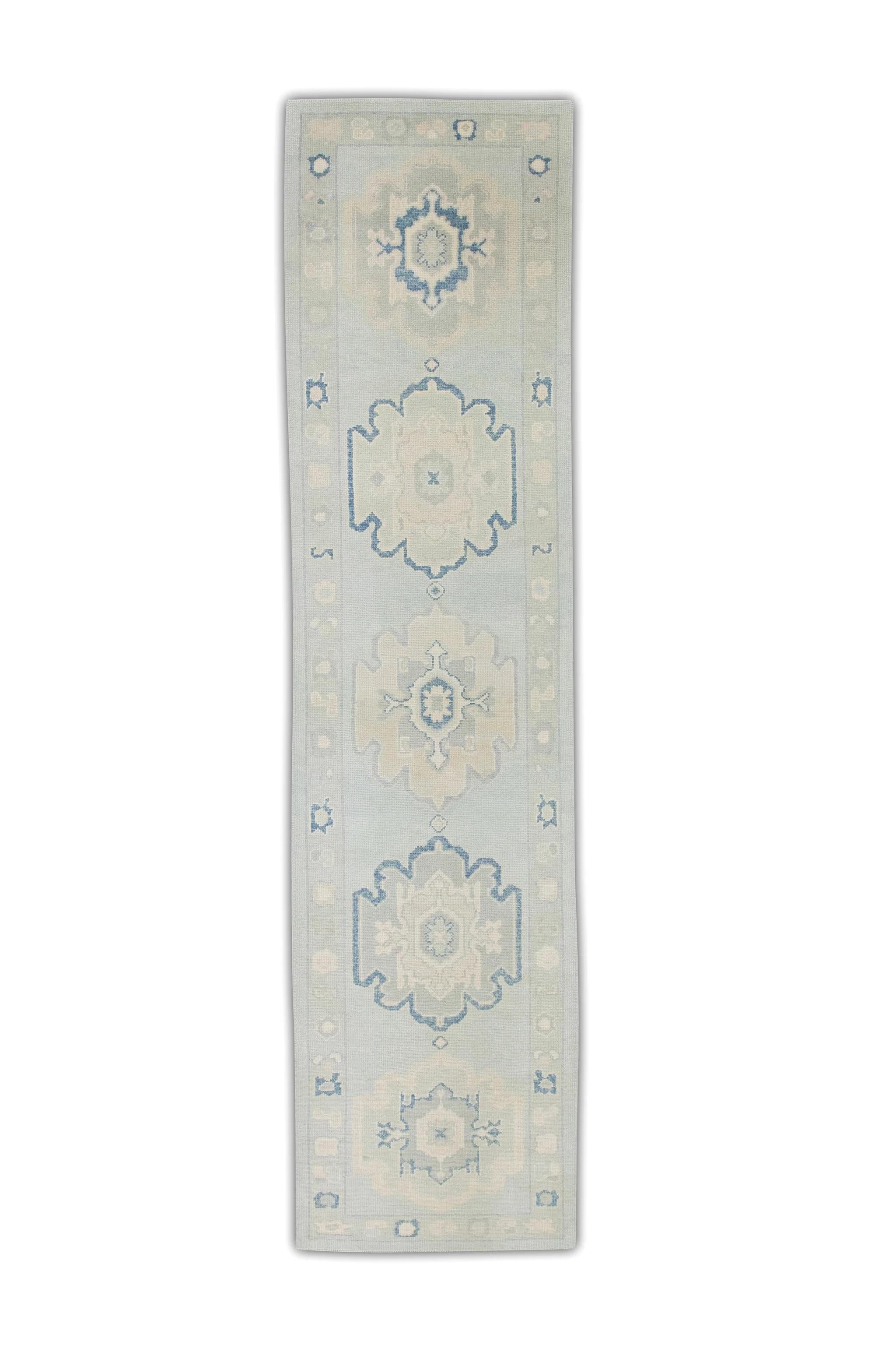 Blue and Green Floral Design Handwoven Wool Turkish Oushak Runner 3' X 12' For Sale 1