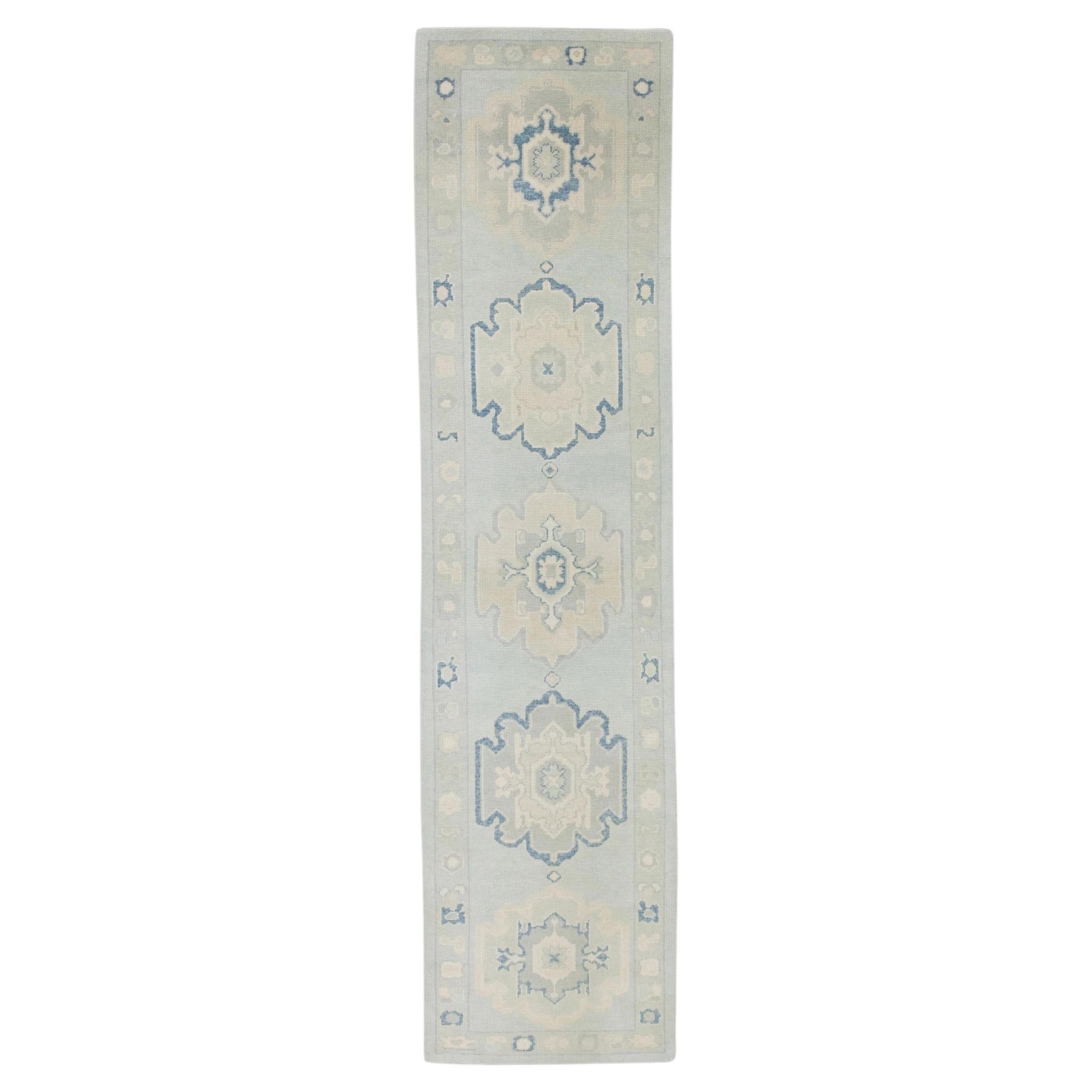 Blue and Green Floral Design Handwoven Wool Turkish Oushak Runner 3' X 12' For Sale