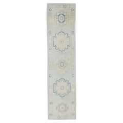 Blue and Green Floral Design Handwoven Wool Turkish Oushak Runner 3' X 12'