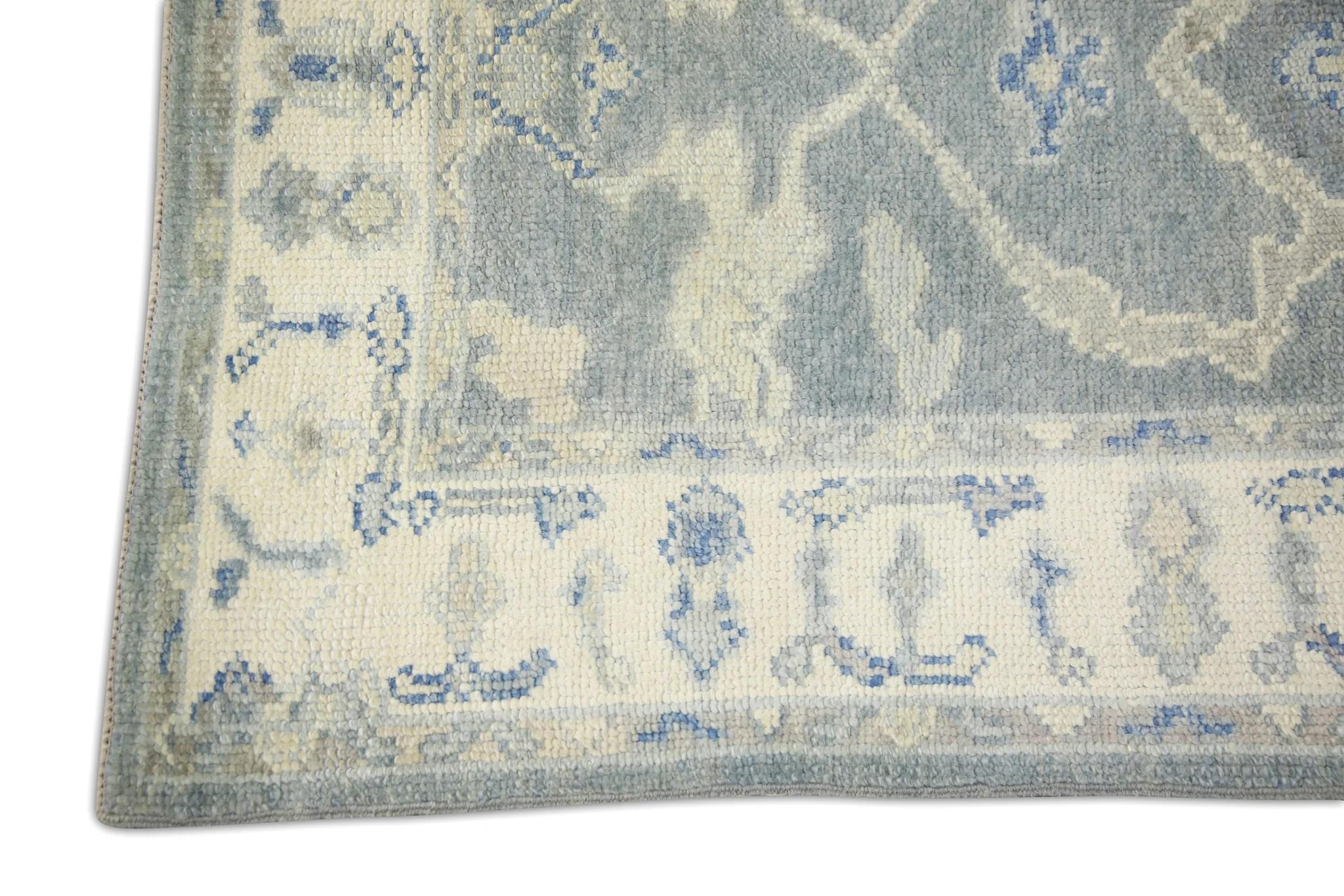 Modern Blue Floral Design Handwoven Wool Turkish Oushak Runner 3' x 12'11