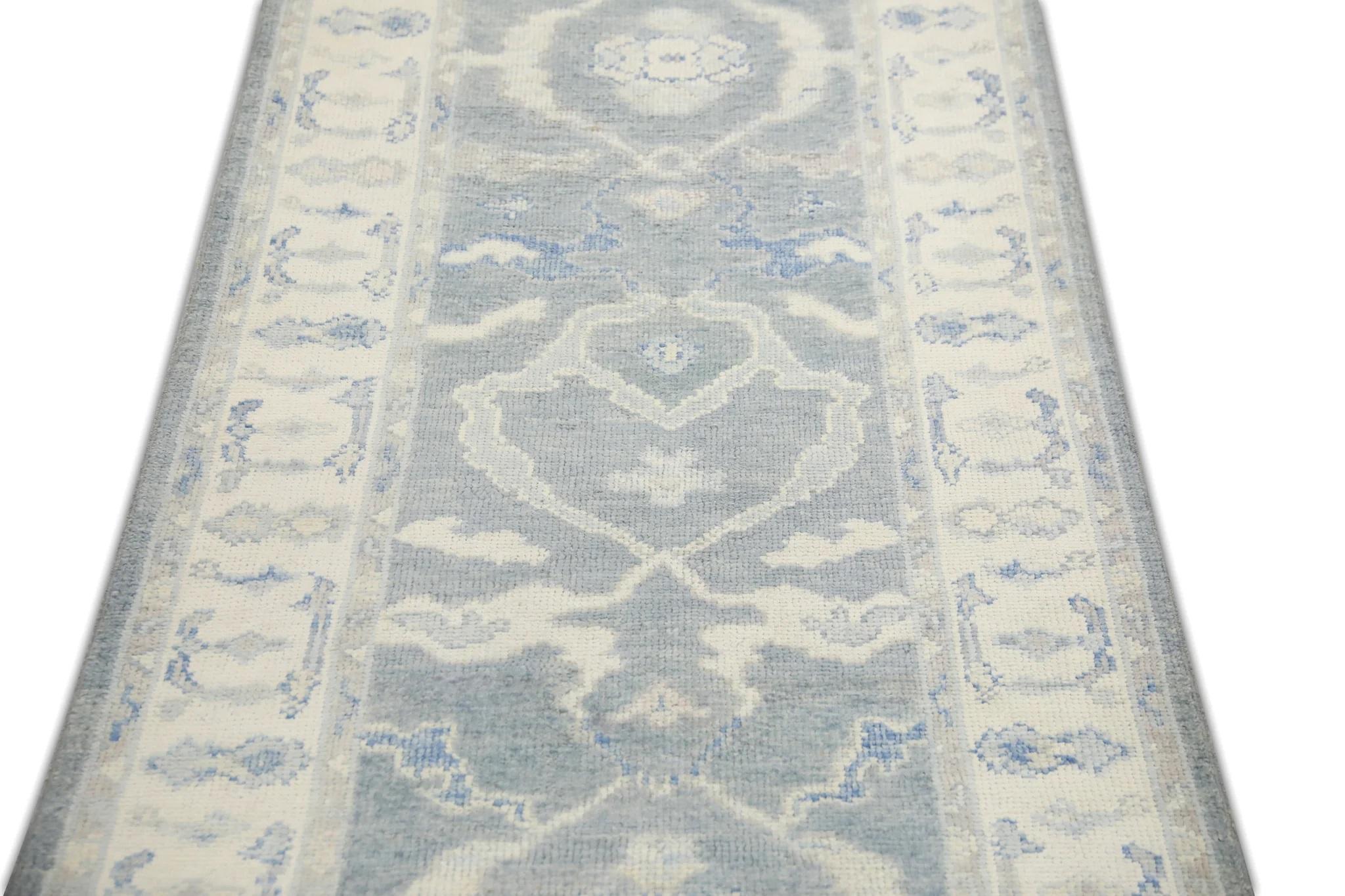 Blue Floral Design Handwoven Wool Turkish Oushak Runner 3' x 12'11