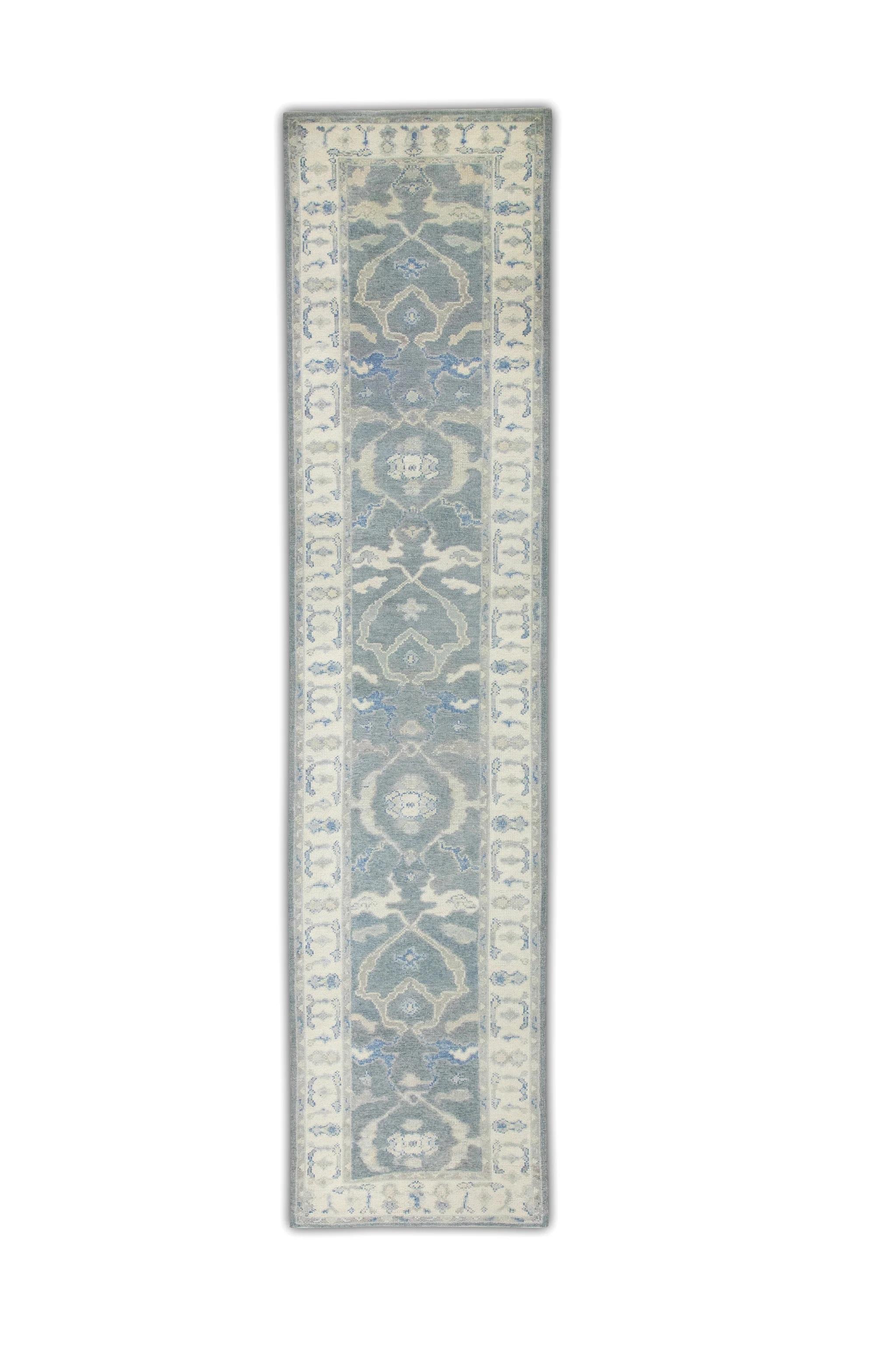 Blue Floral Design Handwoven Wool Turkish Oushak Runner 3' x 12'11