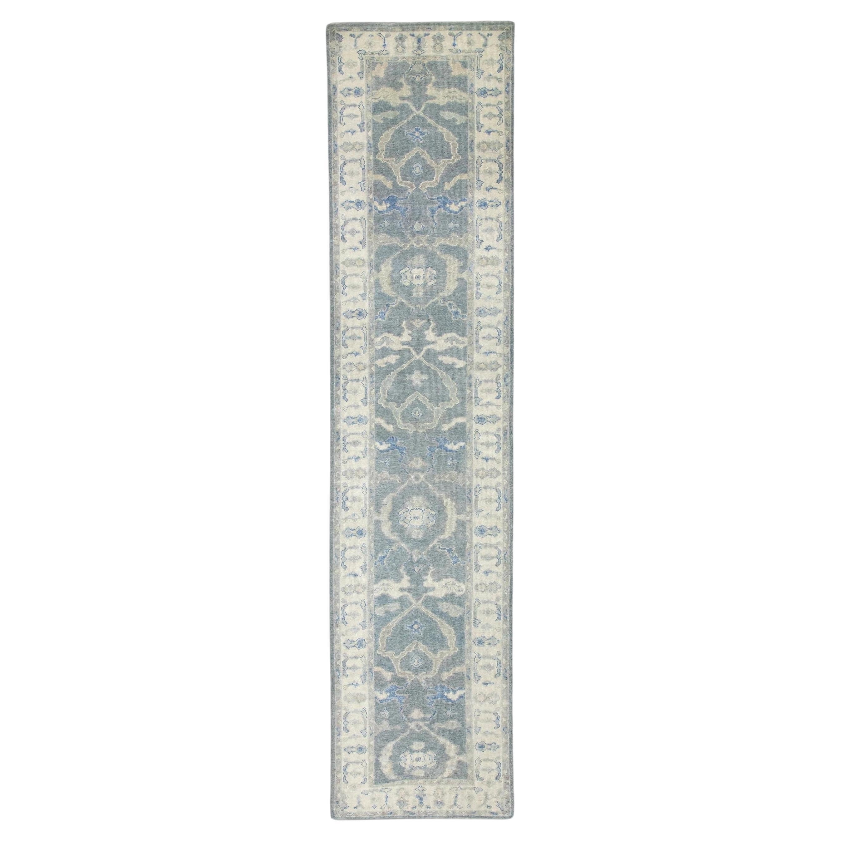Blue Floral Design Handwoven Wool Turkish Oushak Runner 3' x 12'11"