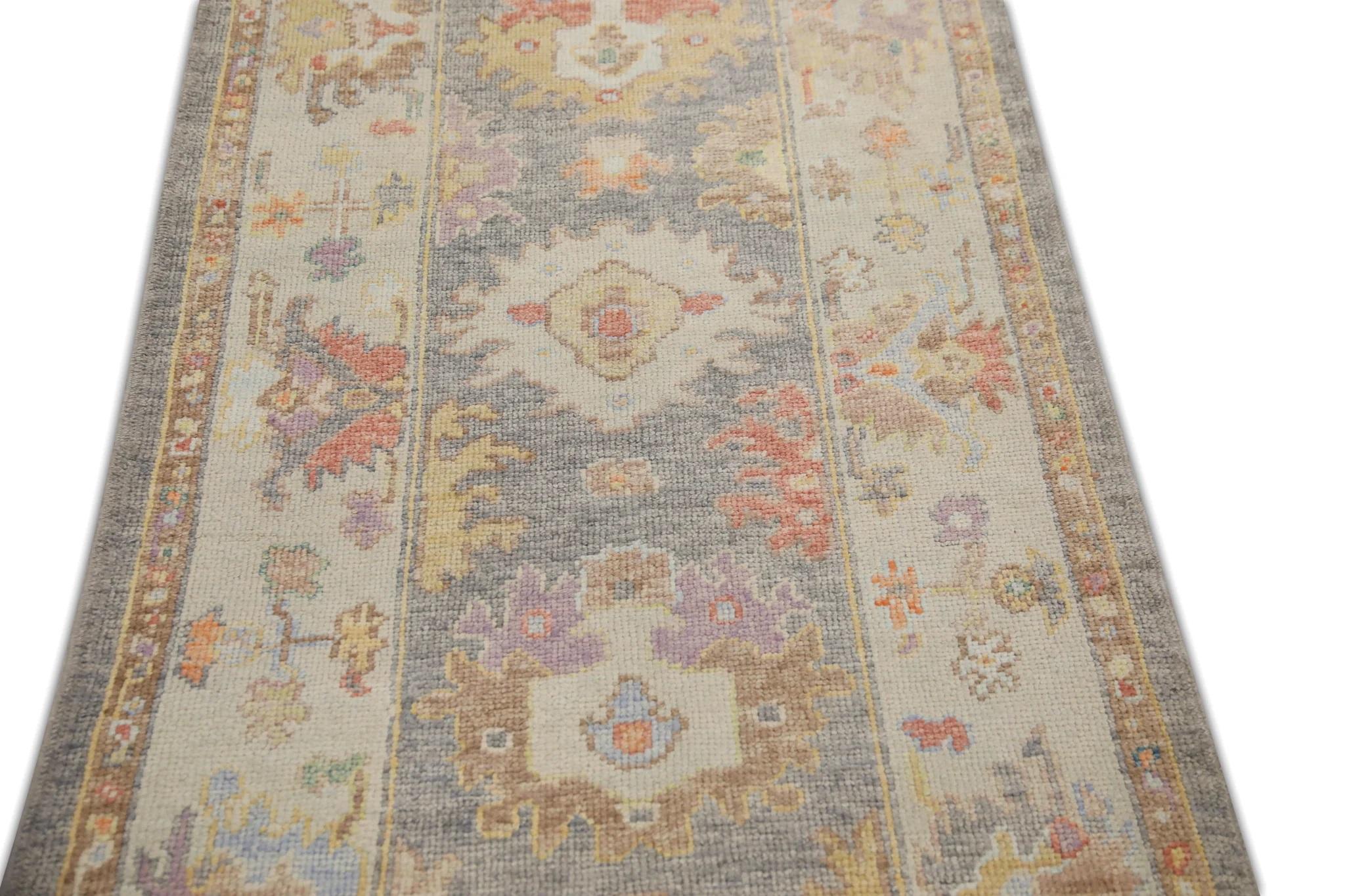 Contemporary Multicolor Floral Design Handwoven Wool Turkish Oushak Runner 3' X 14'3
