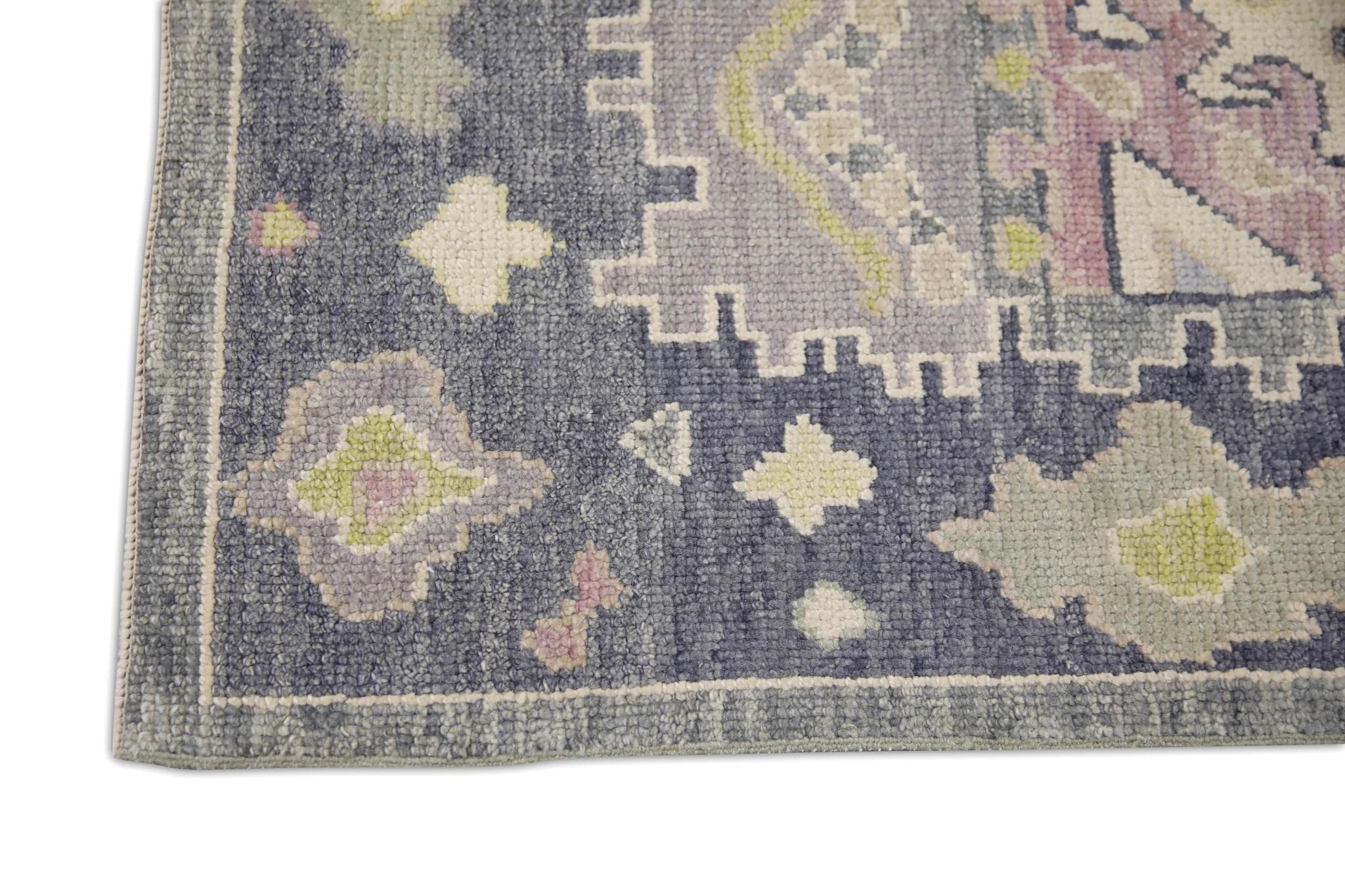Vegetable Dyed Purple Handwoven Wool Turkish Oushak Rug in Green Floral Pattern 5'1
