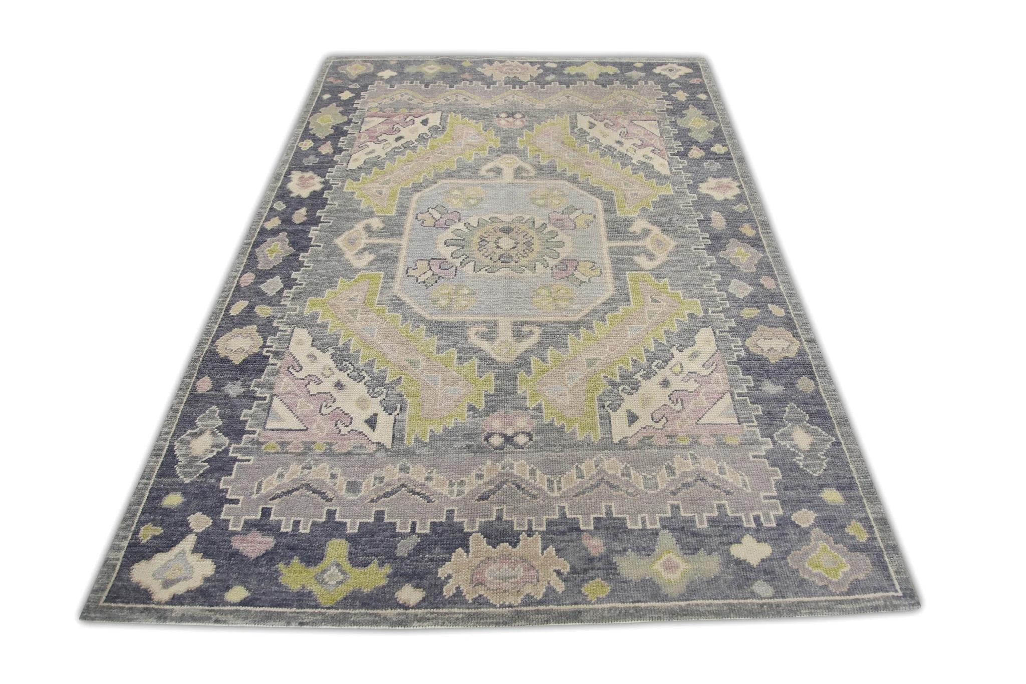 Contemporary Purple Handwoven Wool Turkish Oushak Rug in Green Floral Pattern 5'1