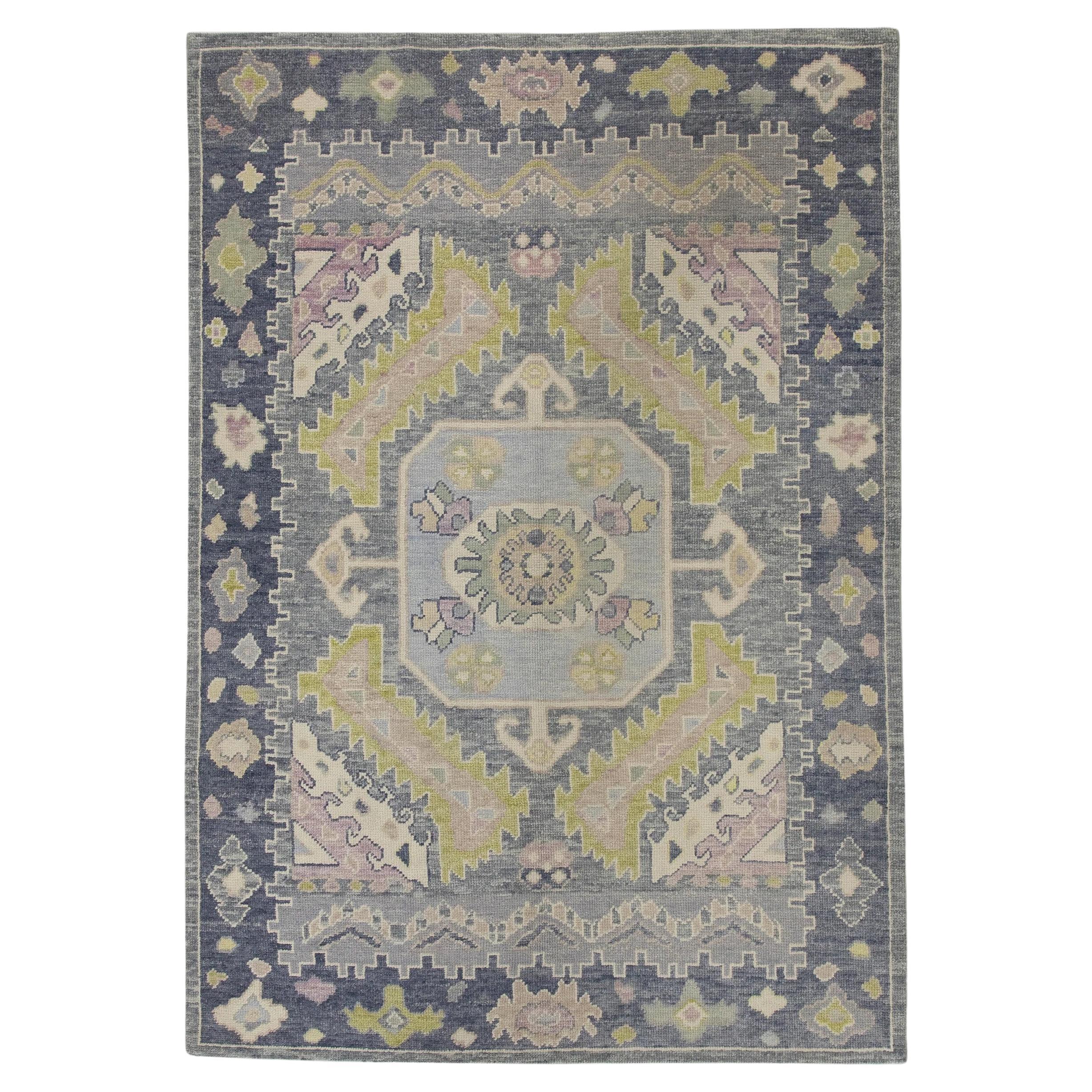 Purple Handwoven Wool Turkish Oushak Rug in Green Floral Pattern 5'1" X 7'6"