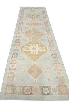 Blue & Pink Handwoven Wool Turkish Oushak Runner in Medallion Design 5'2 X 16'6