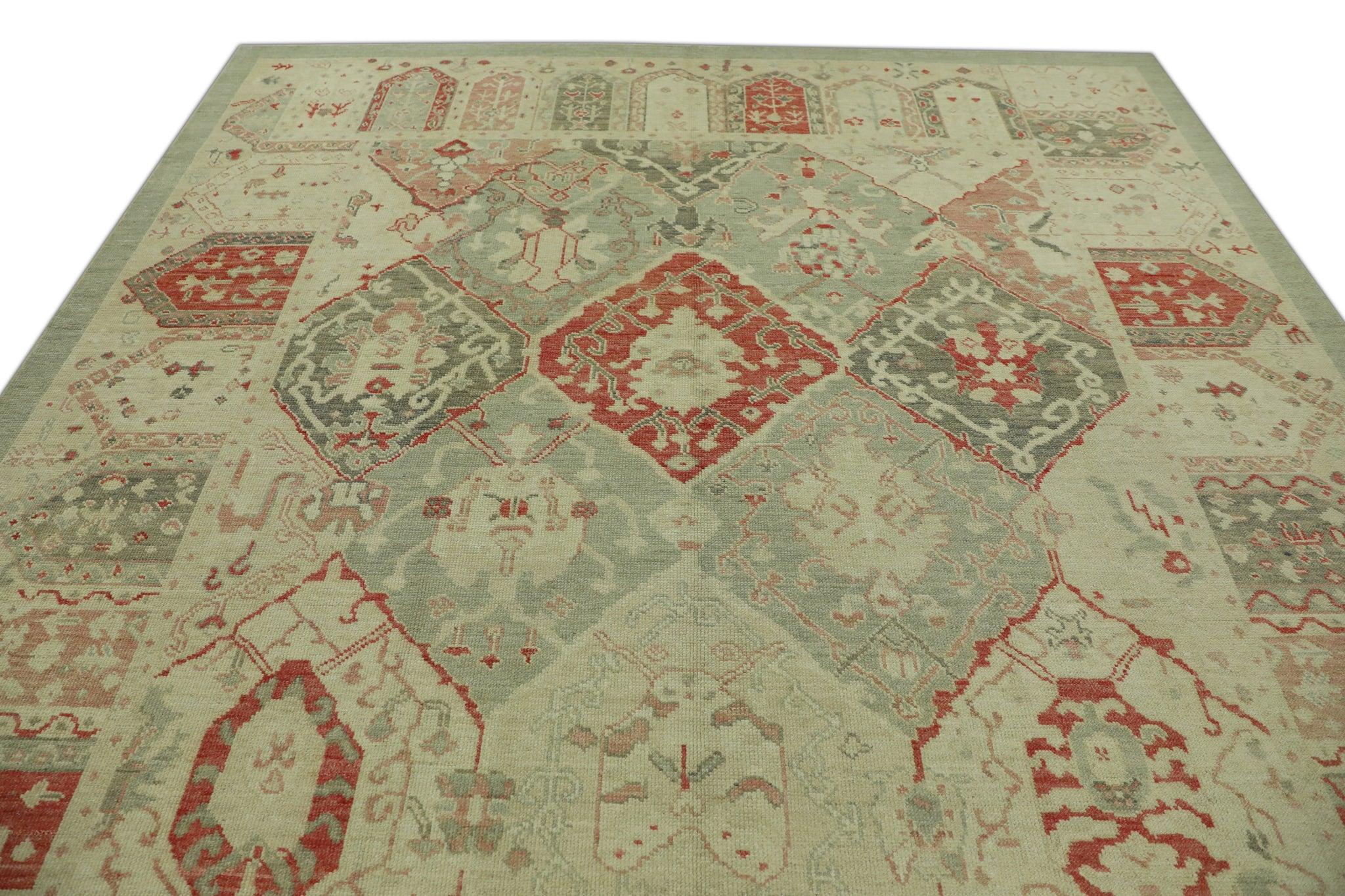 Vegetable Dyed Green and Red Handwoven Wool Turkish Oushak Rug in Geometric Design 9'2