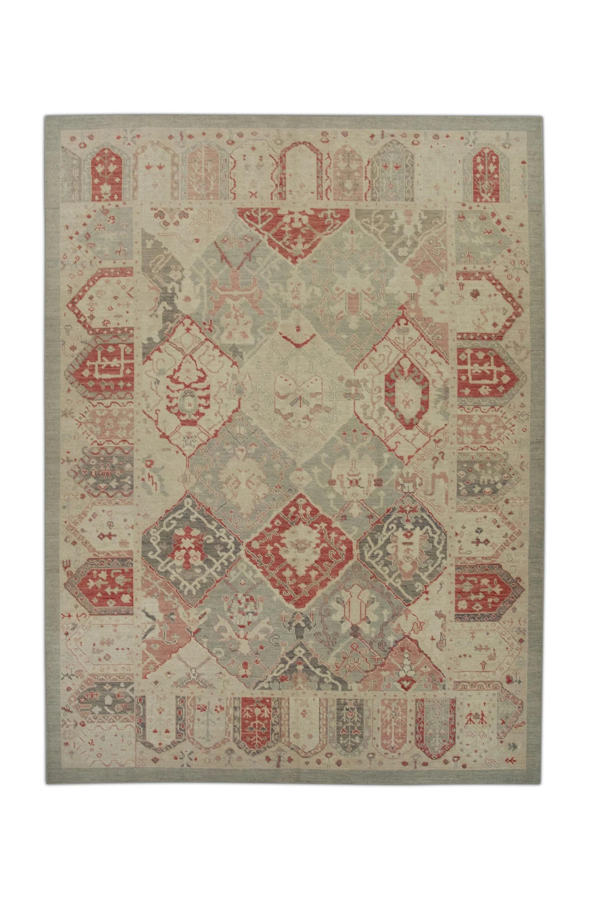 Contemporary Green and Red Handwoven Wool Turkish Oushak Rug in Geometric Design 9'2