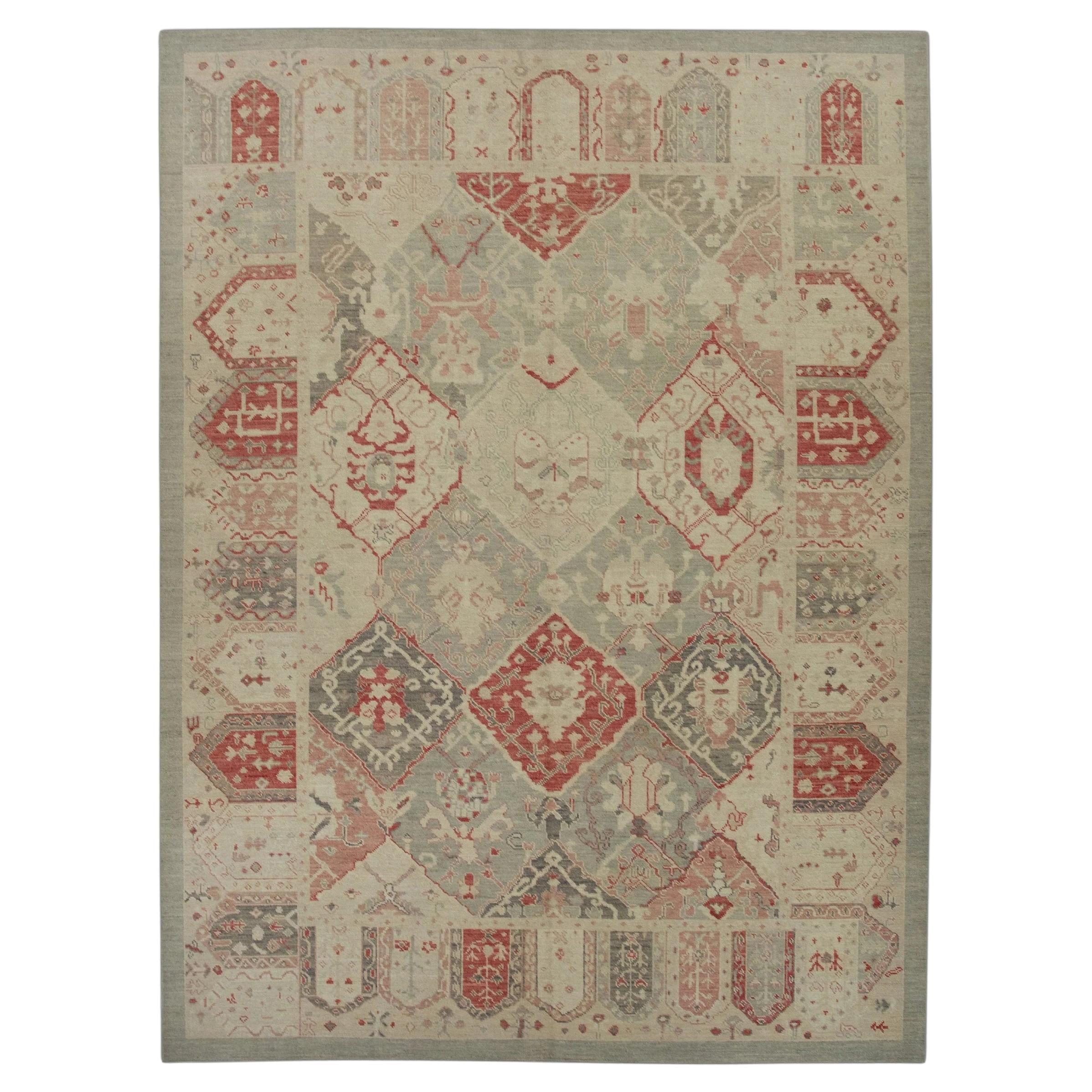 Green and Red Handwoven Wool Turkish Oushak Rug in Geometric Design 9'2" X 12'4" For Sale