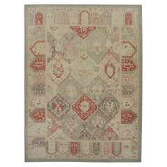 Green and Red Handwoven Wool Turkish Oushak Rug in Geometric Design 9'2" X 12'4"