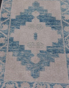 Modern Turkish Oushak Rug Blue and Beige Geometric Design 2'6 x 3'8