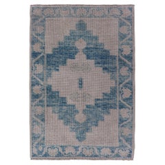 Modern Turkish Oushak Rug Blue and Beige Geometric Design 2'6 x 3'8