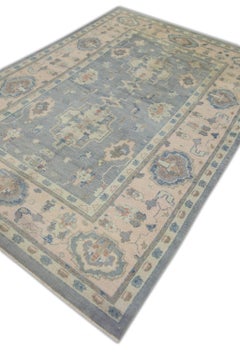 Pink & Blue Floral Design Handwoven Wool Turkish Oushak Rug 6'1" x 9'