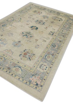 Cream Handwoven Wool Turkish Oushak Rug in Pink & Blue Floral Design 6'1" x 9'1"