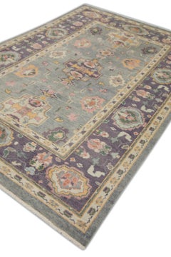 Purple and Pink Floral Design Handwoven Wool Turkish Oushak Rug 6'4" x 9'2"