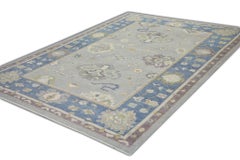 Blue and Purple Floral Handwoven Wool Turkish Oushak Rug 6'4" x 8'11"