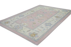 Pink and Blue Handwoven Wool Floral Design Turkish Oushak Rug 6'5" x 9'1"