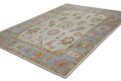 Blue and Pink Floral Design Handwoven Wool Turkish Oushak Rug 6'2" x 8'10"