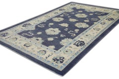 Dark Blue Floral Design Handwoven Wool Turkish Oushak Rug 6' x 9'2"
