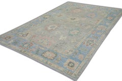 Pink and Blue Handwoven Wool Floral Pattern Turkish Oushak Rug 6'1" x 9'2"