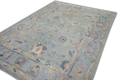Tappeto Oushak turco in lana blu e salmone tessuto a mano con disegno floreale 6'5" x 8'11"
