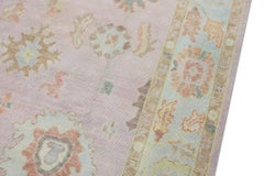 Pink and Blue Floral Design Handwoven Wool Turkish Oushak Rug 6'2" x 8'10"