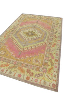 Pink & Yellow Medallion Design Handwoven Wool Turkish Oushak Rug 6' x 9'