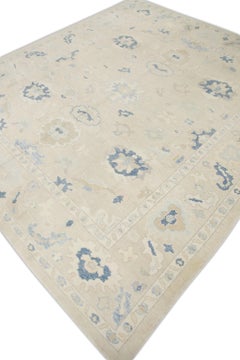 Cream Handwoven Wool Turkish Oushak Rug in Blue Floral Design 8'10" x 10'3"