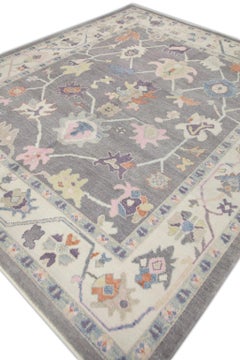 Gray Handwoven Wool Turkish Oushak Rug in Multicolor Floral Pattern 8'8" x 10'3"