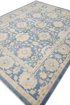Blue & Pink Handwoven Wool Turkish Oushak Rug in Floral Pattern 8'1" x 10'2"