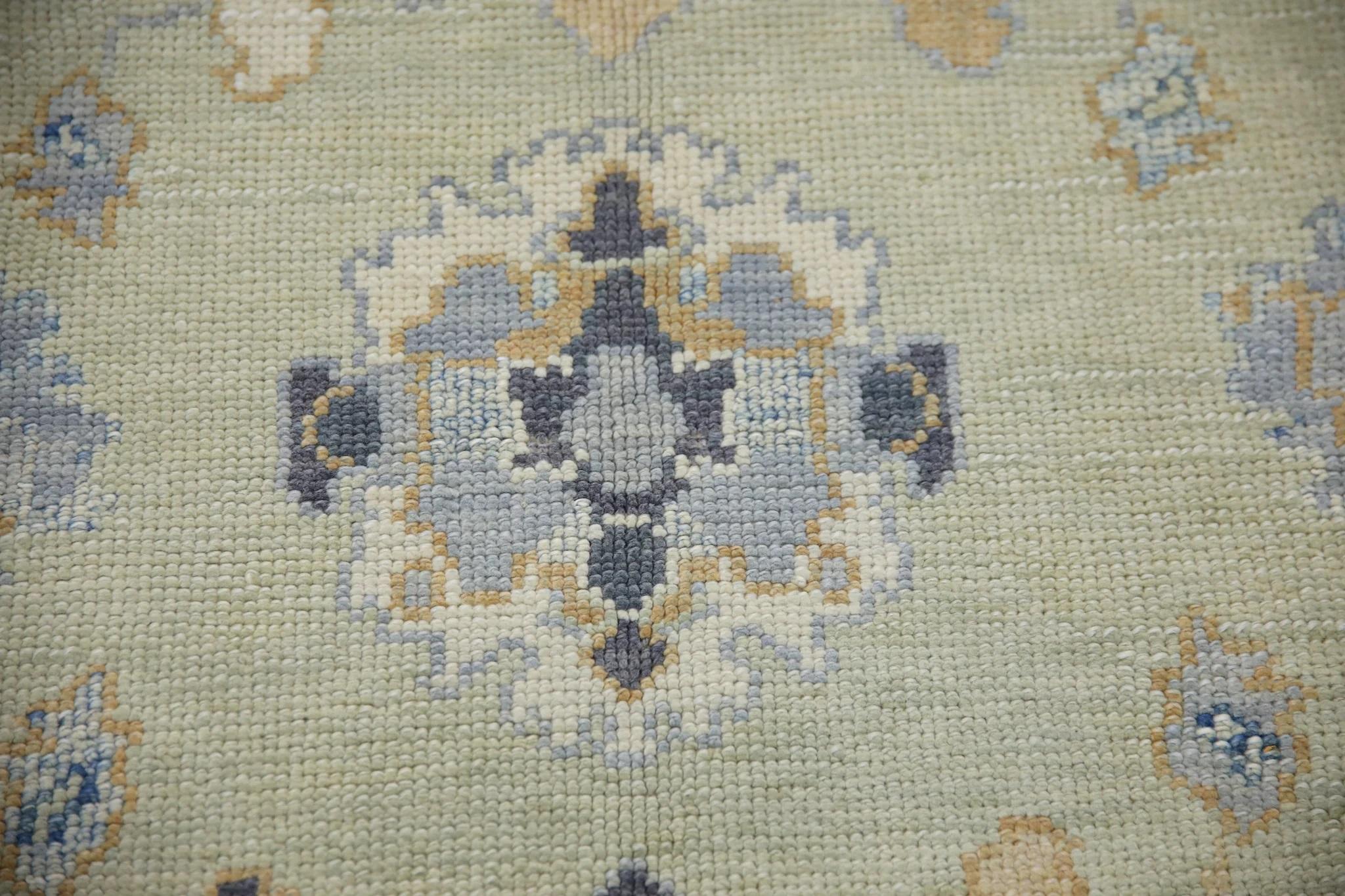 Modern Green and Blue Floral Design Handwoven Wool Turkish Oushak Rug 6'3