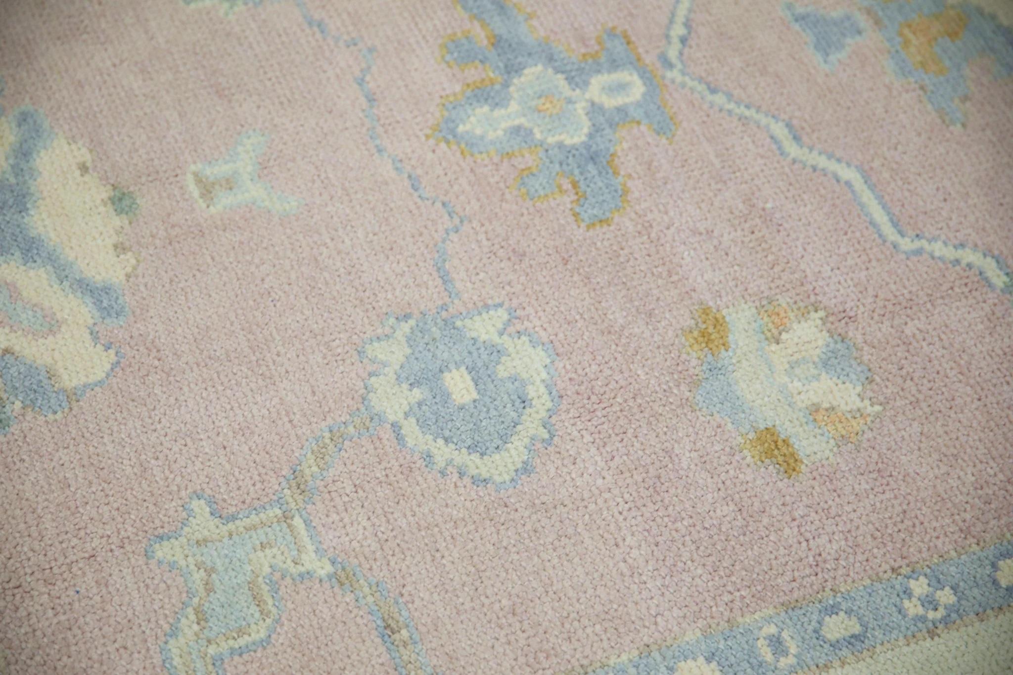 Modern Pink and Blue Handwoven Wool Floral Design Turkish Oushak Rug 6'5