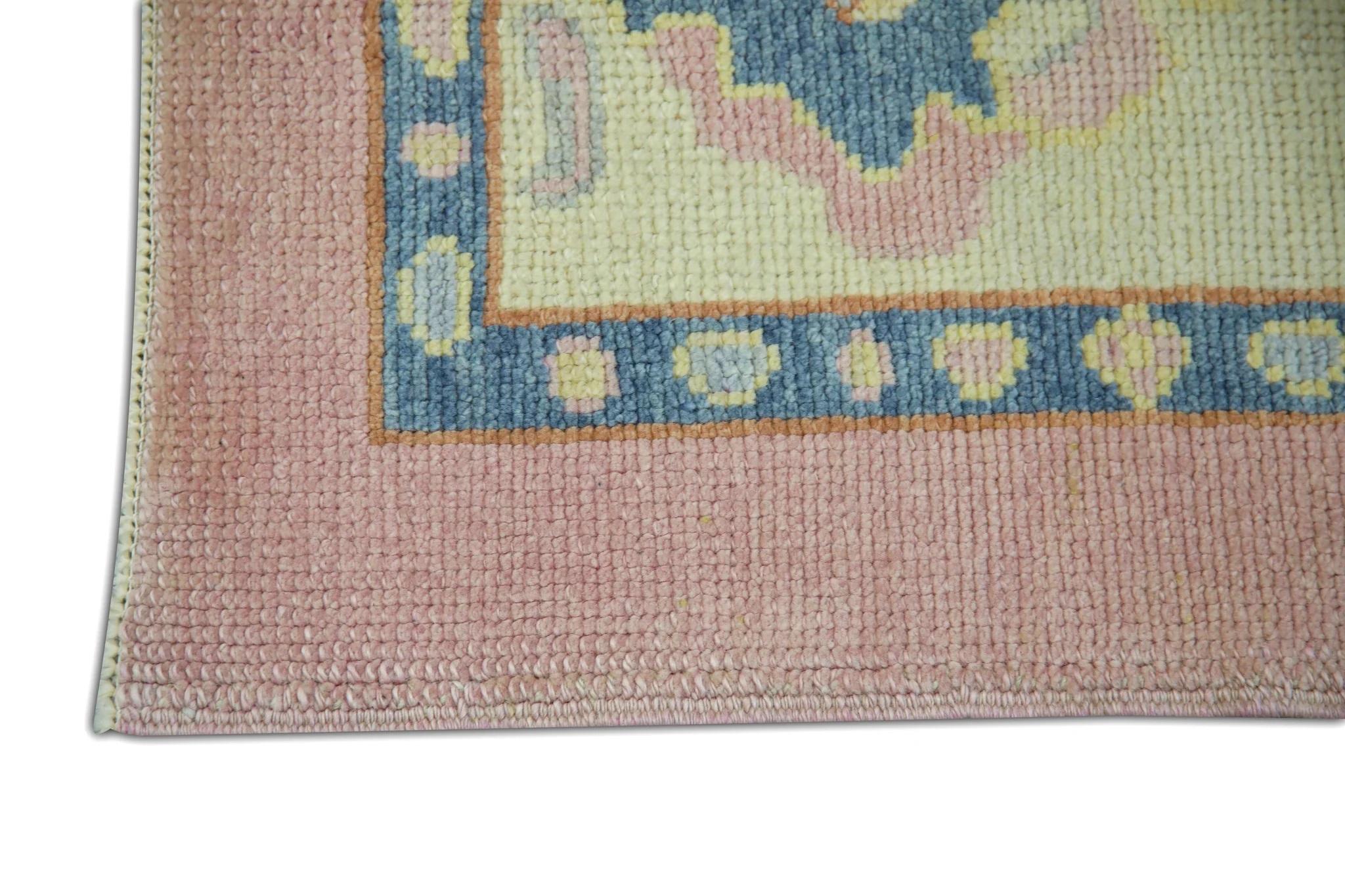 Vegetable Dyed Pink and Blue Floral Design Handwoven Wool Modern Turkish Oushak Rug 6'4