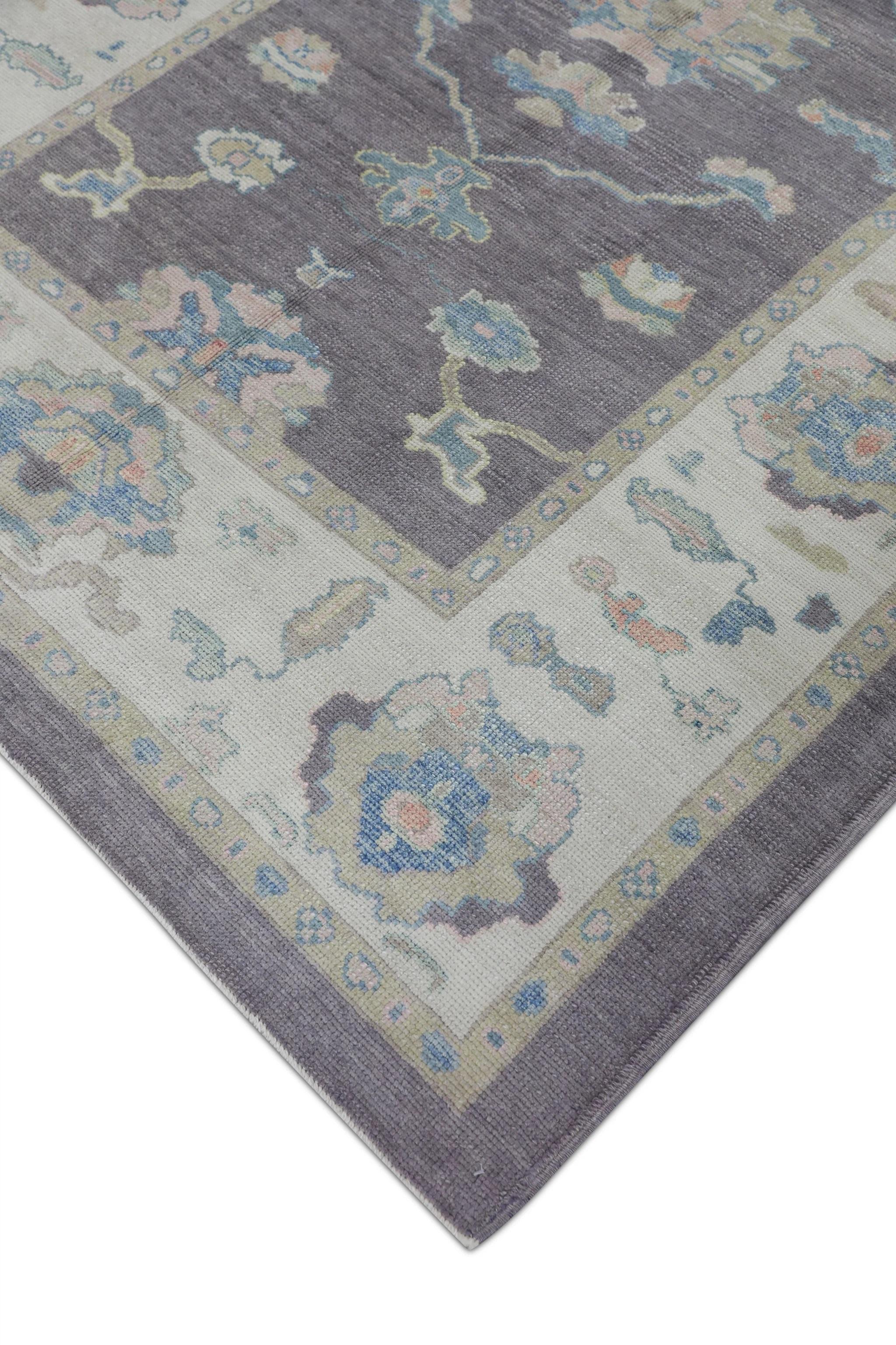 Modern Purple Handwoven Wool Turkish Oushak Rug in Blue Floral Design 6'3