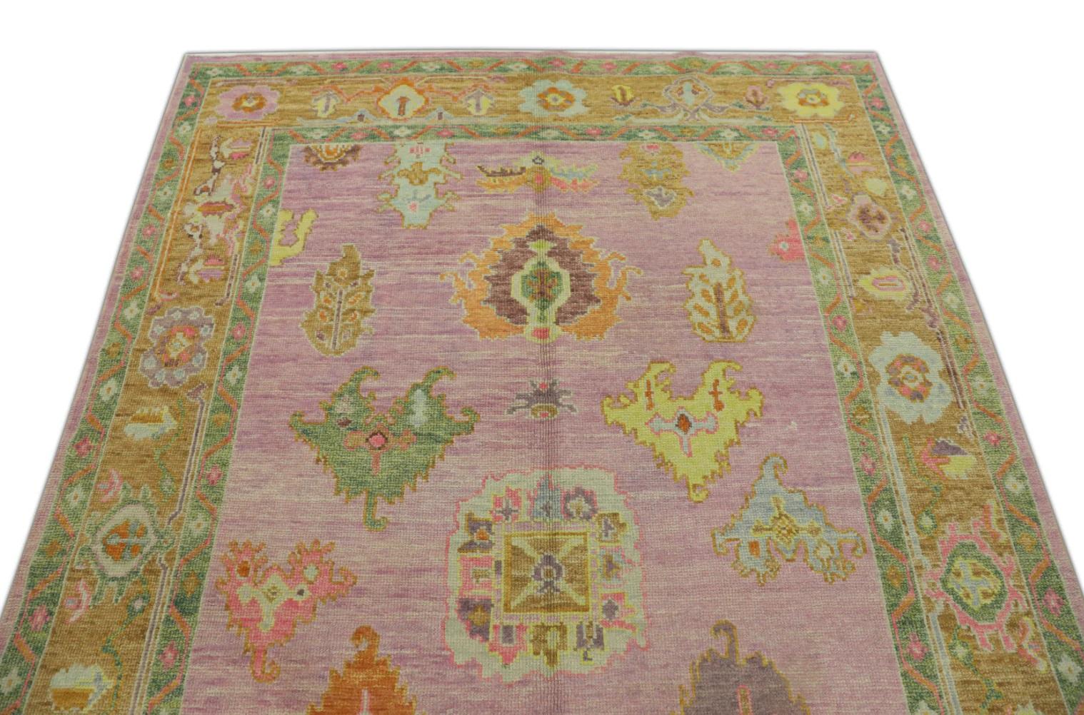 Alfombra Oushak Turca de Lana Floral Tejida a Mano Rosa y Naranja 6' x 8'10 Moderno en venta