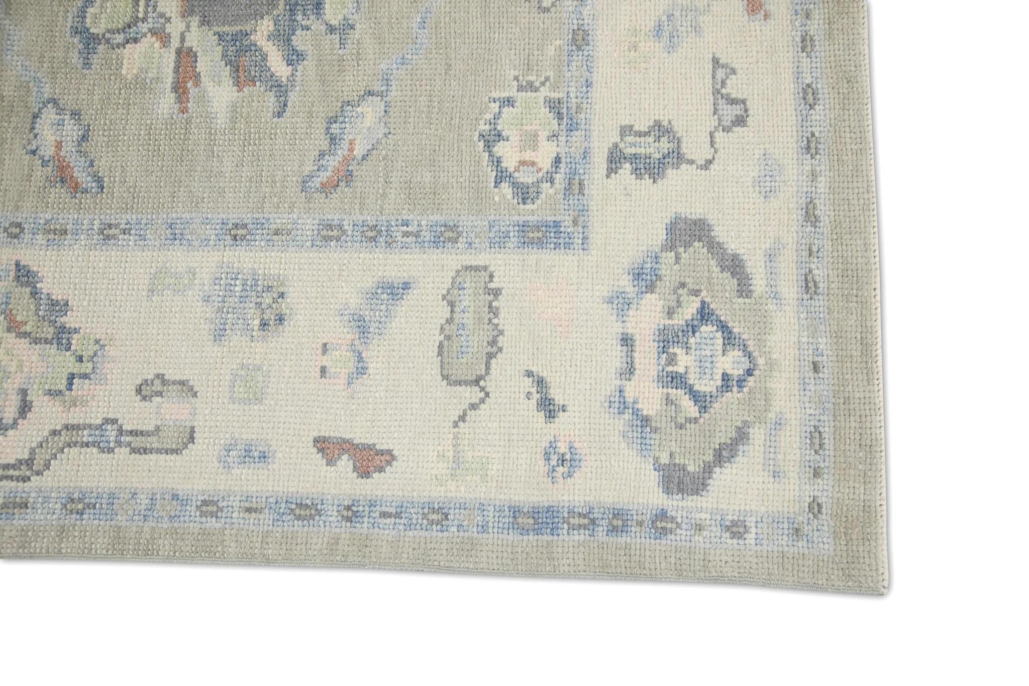 Modern Green and Blue Floral Handwoven Wool Turkish Oushak Rug 4' x 9'10