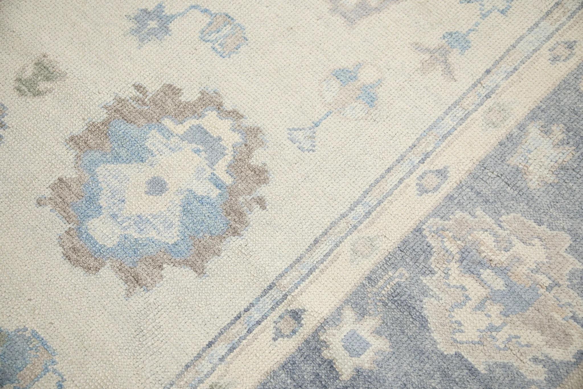 Modern Cream Handwoven Wool Turkish Oushak Rug in Blue Floral Design 8'3