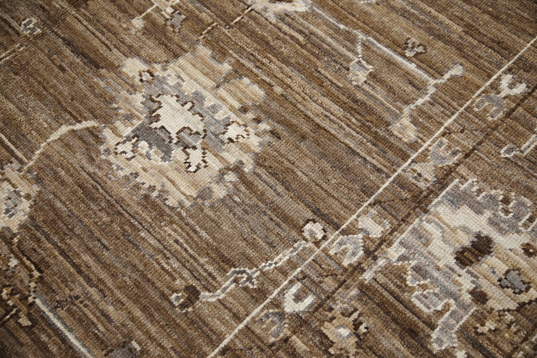 Modern Brown Handwoven Wool Floral Turkish Oushak Rug 7'11
