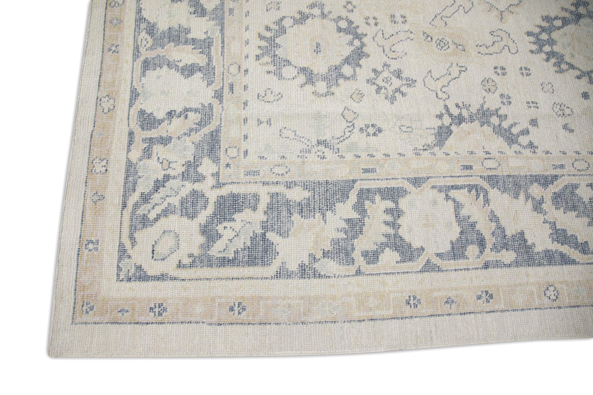 Vegetable Dyed Cream Handwoven Wool Turkish Oushak Rug in Blue Floral Pattern 8'11