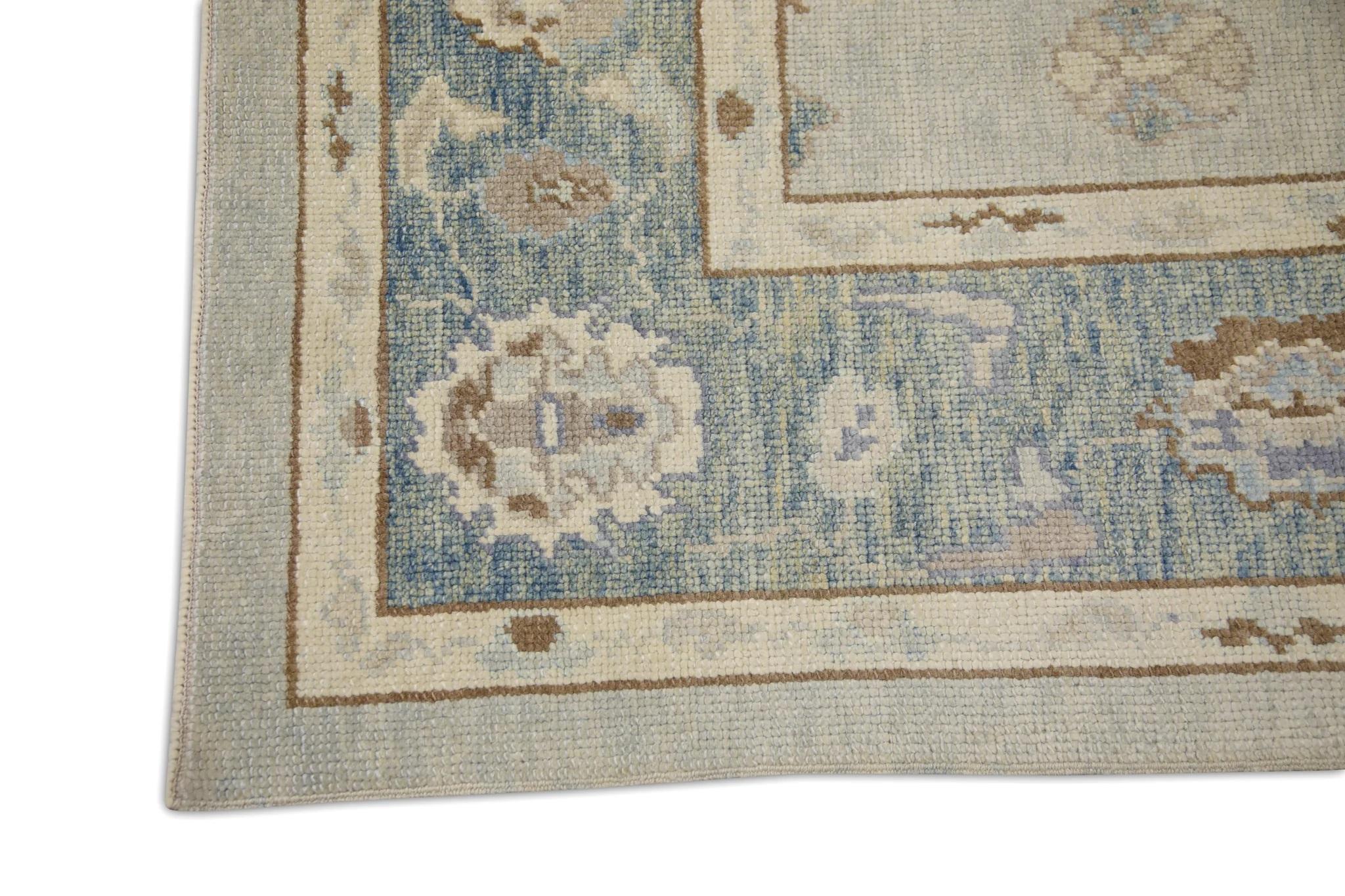 Vegetable Dyed Blue and Brown Handwoven Wool Turkish Oushak Rug in Floral Pattern 6' x 9'1