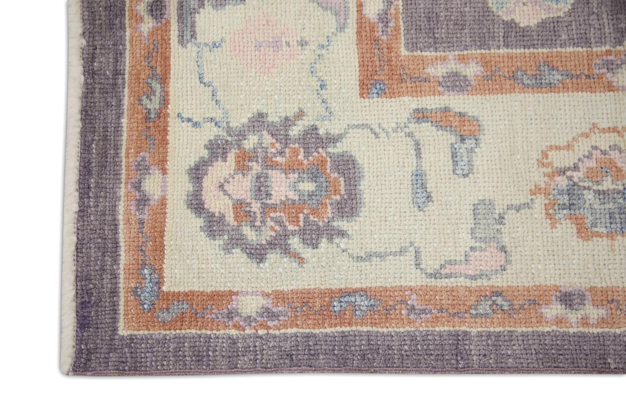 Vegetable Dyed Purple and Red Floral Design Handwoven Wool Turkish Oushak Rug 6'2