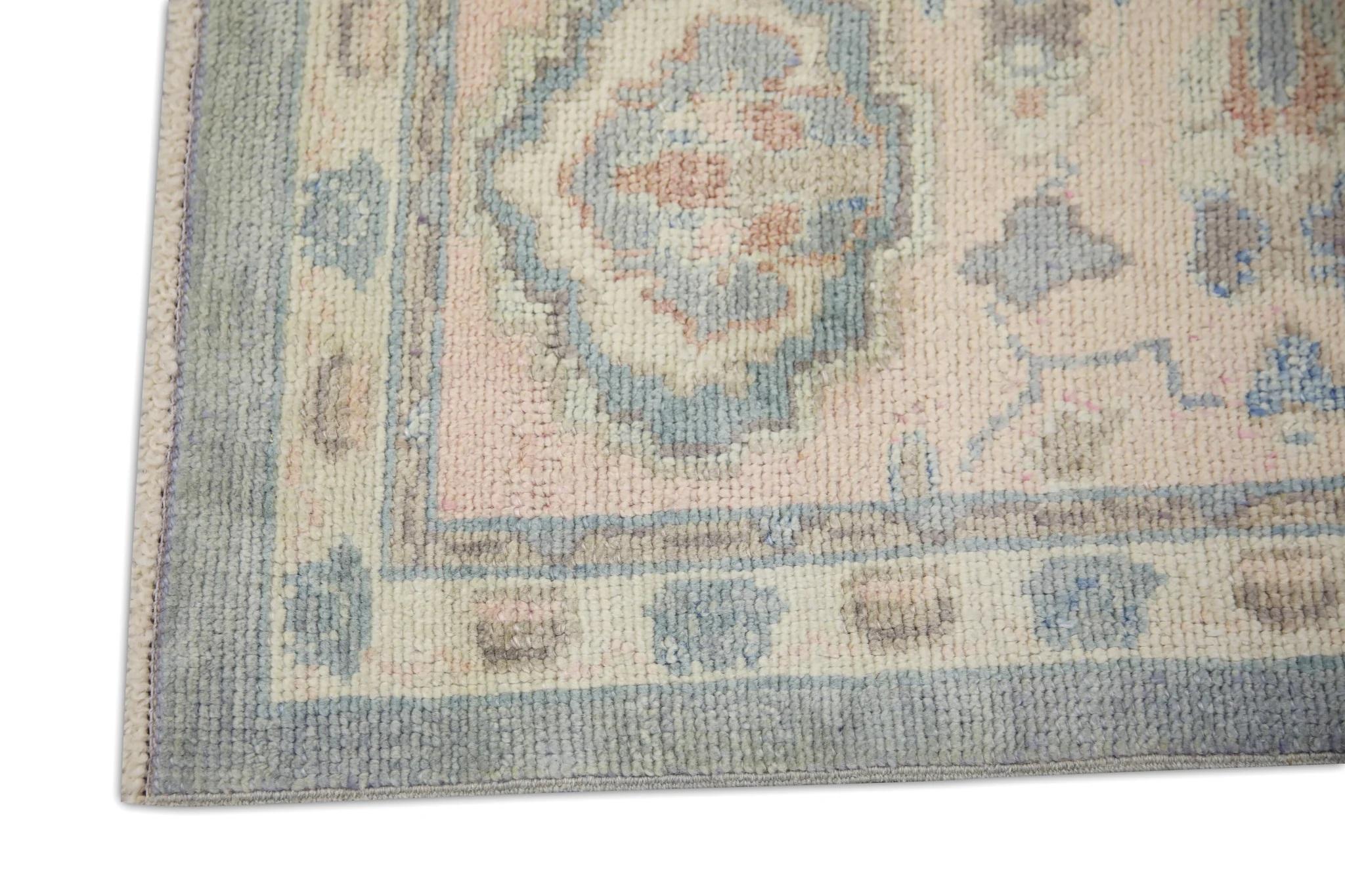 Handgewebter türkischer Oushak-Teppich aus Wolle in Rosa & Blau mit Blumenmuster 6'1