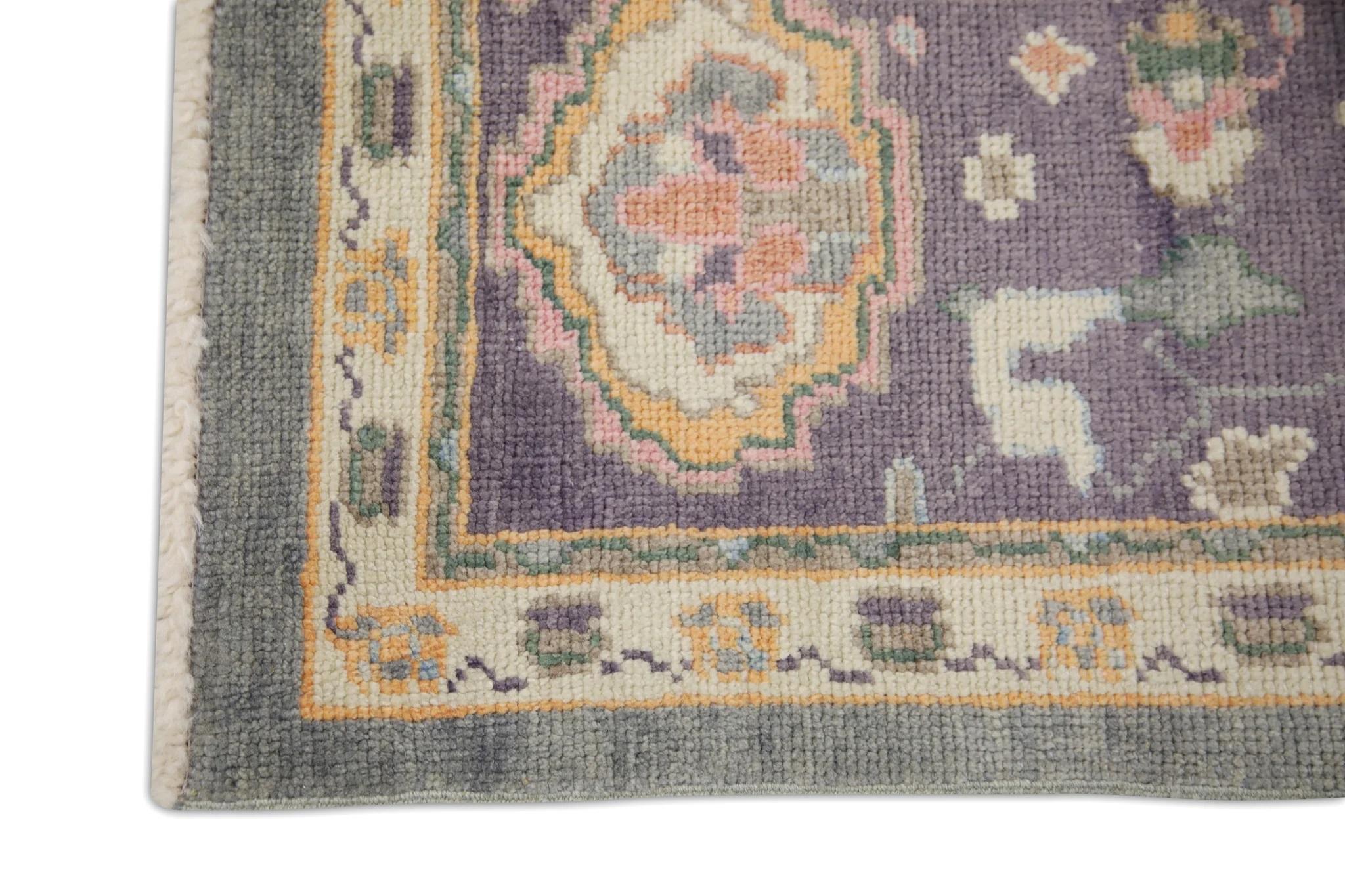 Vegetable Dyed Purple and Pink Floral Design Handwoven Wool Turkish Oushak Rug 6'4