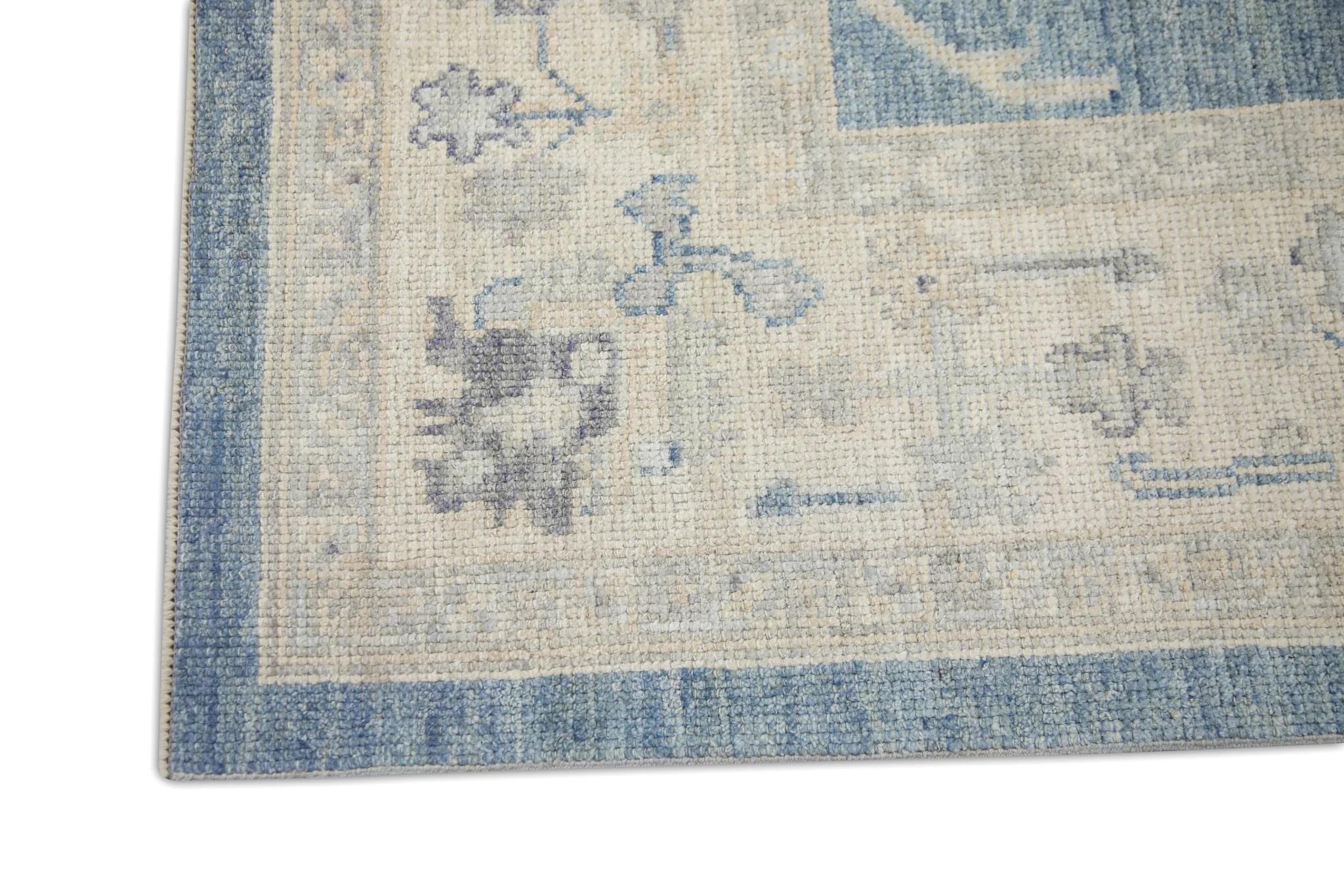 Alfombra Oushak Turca de Lana Tejida a Mano con Diseño Floral Azul 6'2