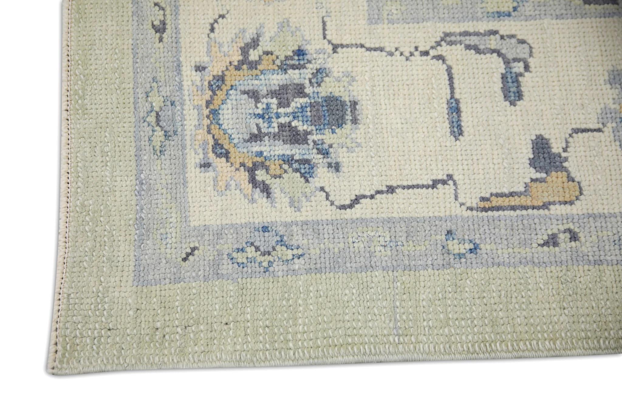 Vegetable Dyed Green and Blue Floral Design Handwoven Wool Turkish Oushak Rug 6'3