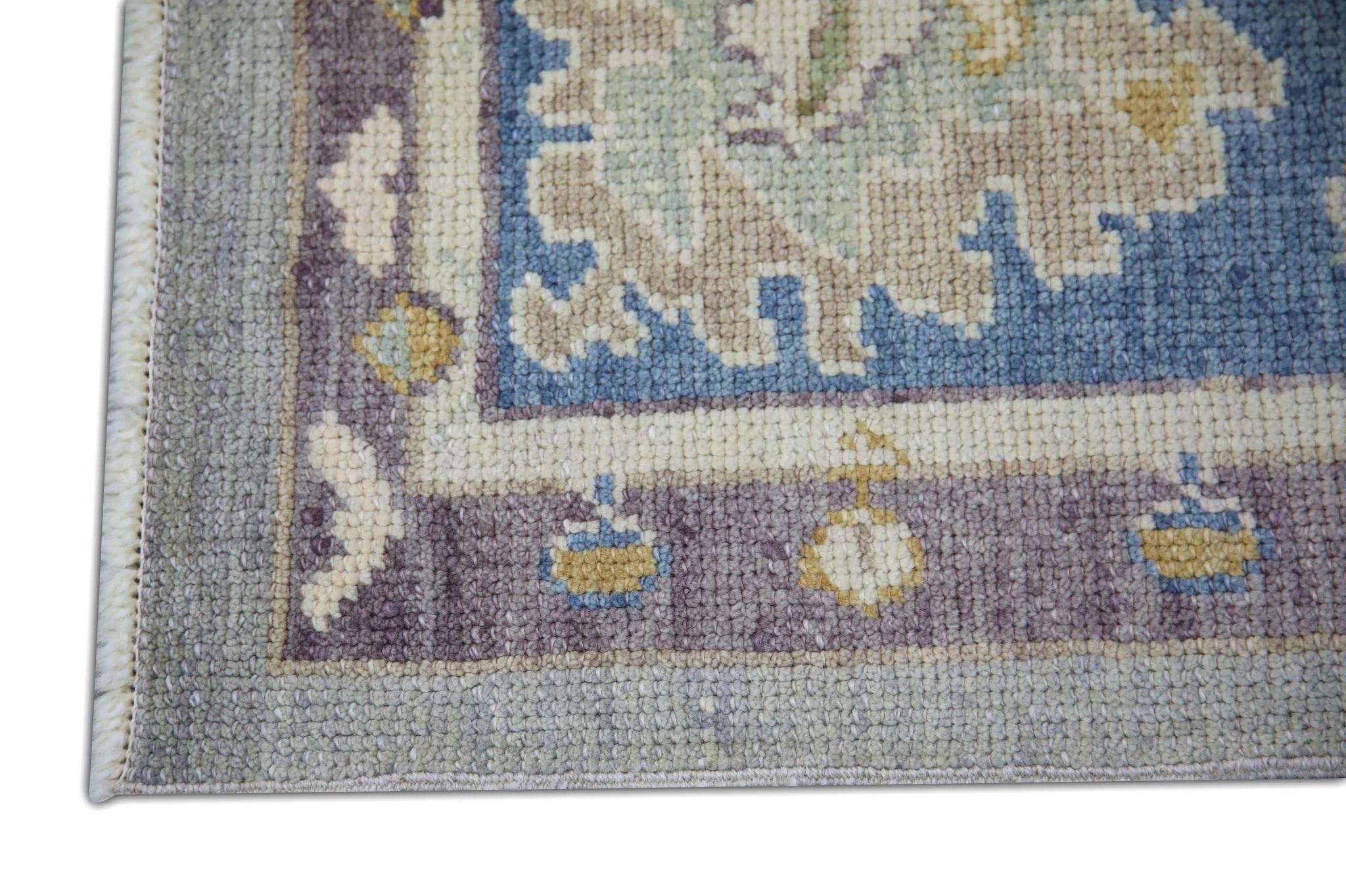Vegetable Dyed Blue and Purple Floral Handwoven Wool Turkish Oushak Rug 6'4