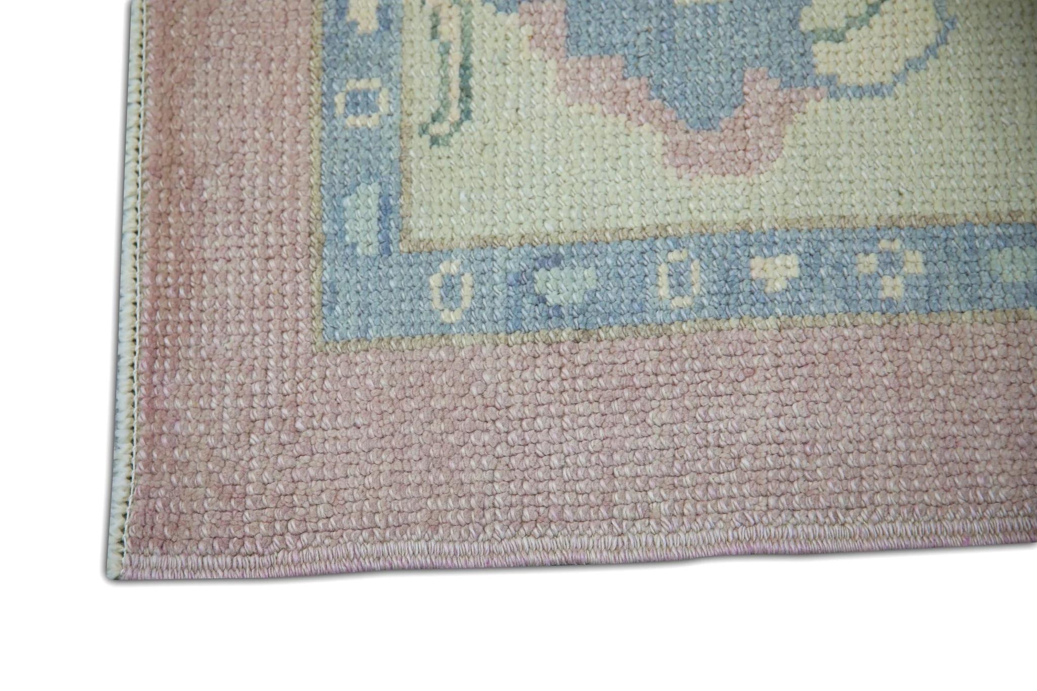 Vegetable Dyed Pink and Blue Handwoven Wool Floral Design Turkish Oushak Rug 6'5